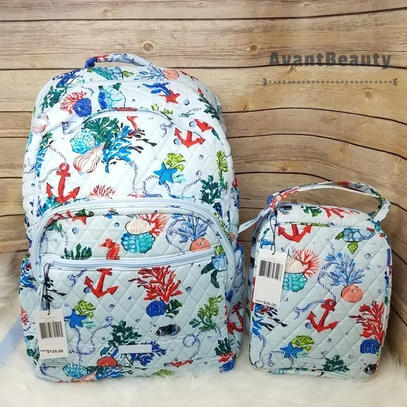 Vera Bradley Large Essential Backpack Anchors Aweigh Lunch Bunch Set Cotton Blue - Picture 13 of 16